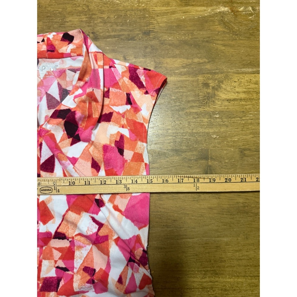 APT. 9 Blouse, Women's Petite Small, Orange Pink White Black Short Sleeve V-neck - Picture 3 of 6